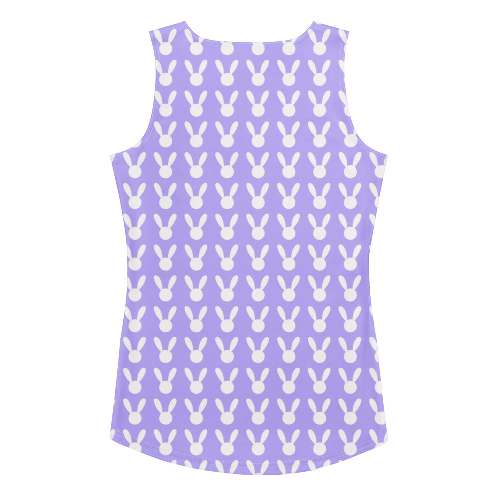Women’s purple bunny tank top with white bunny pattern made of buttery soft quick drying fabric with UPF 50+ protection
