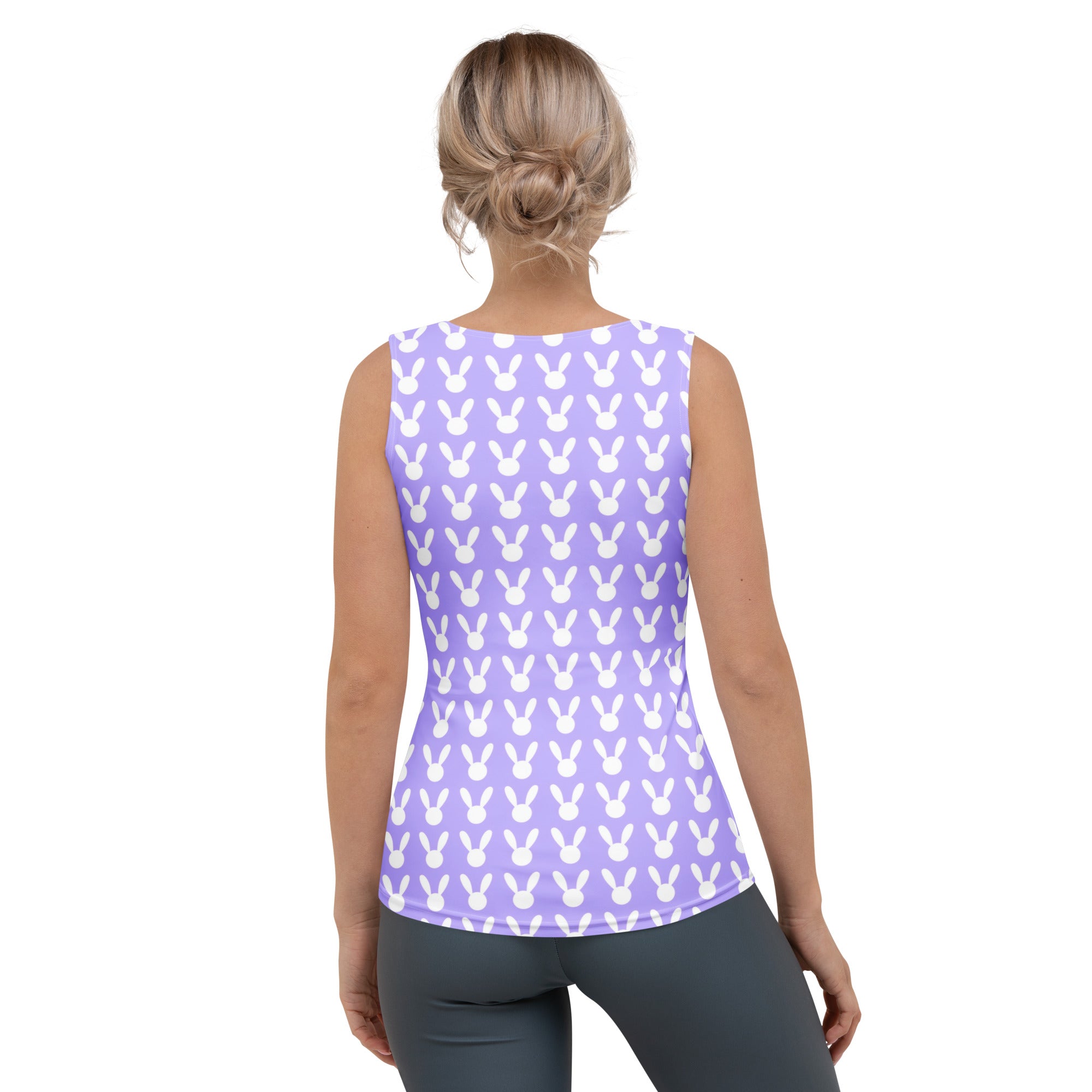 A lavender sleeveless tank top with white bunny print made of quick drying, buttery soft fabric with UPF 50 plus protection