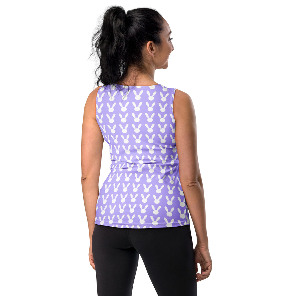 Women purple bunny tank top with white bunny pattern made of quick drying buttery soft fabric with UPF 50+ protection