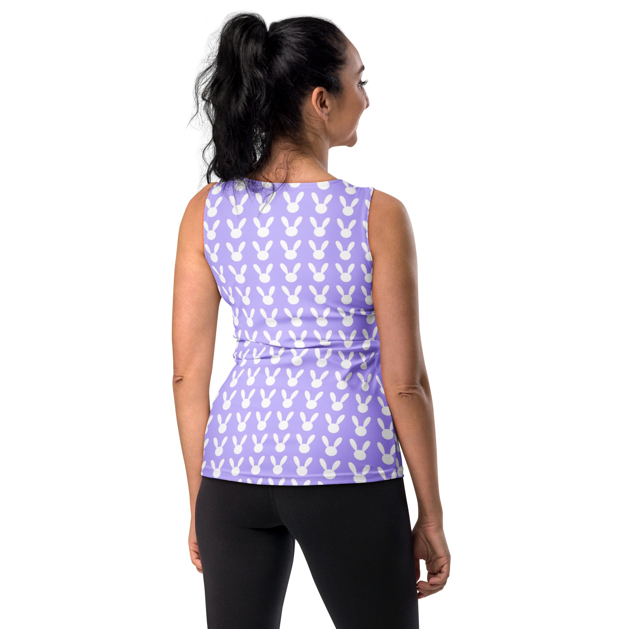 Women purple bunny tank top with white bunny pattern made of quick drying buttery soft fabric with UPF 50+ protection