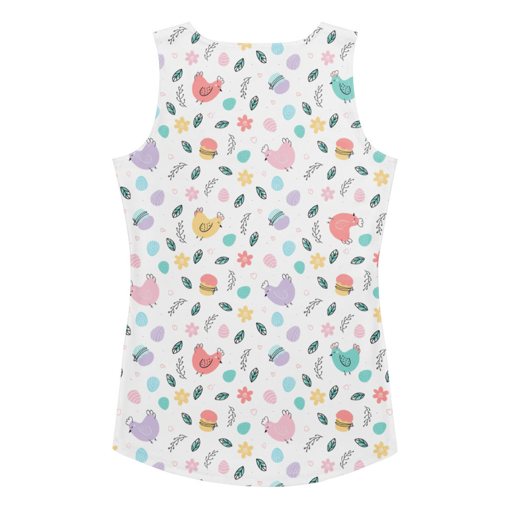 White sleeveless pastel chick easter tank top with quick drying buttery soft fabric and upf 50 plus protection