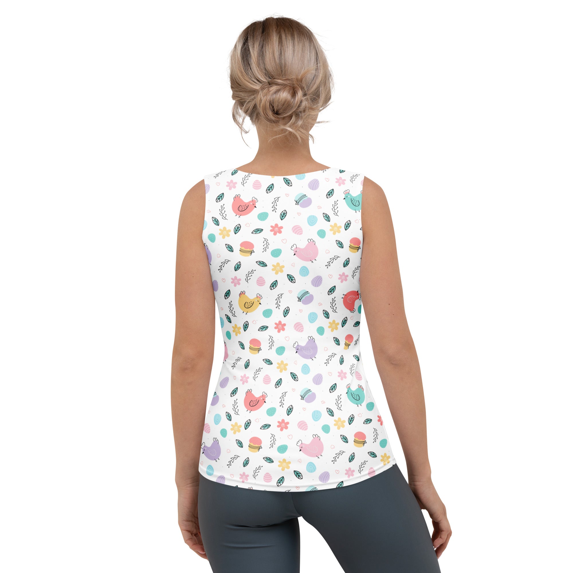 White sleeveless tank top with pastel chicken flower egg pattern made of quick drying buttery soft fabric with upf 50+