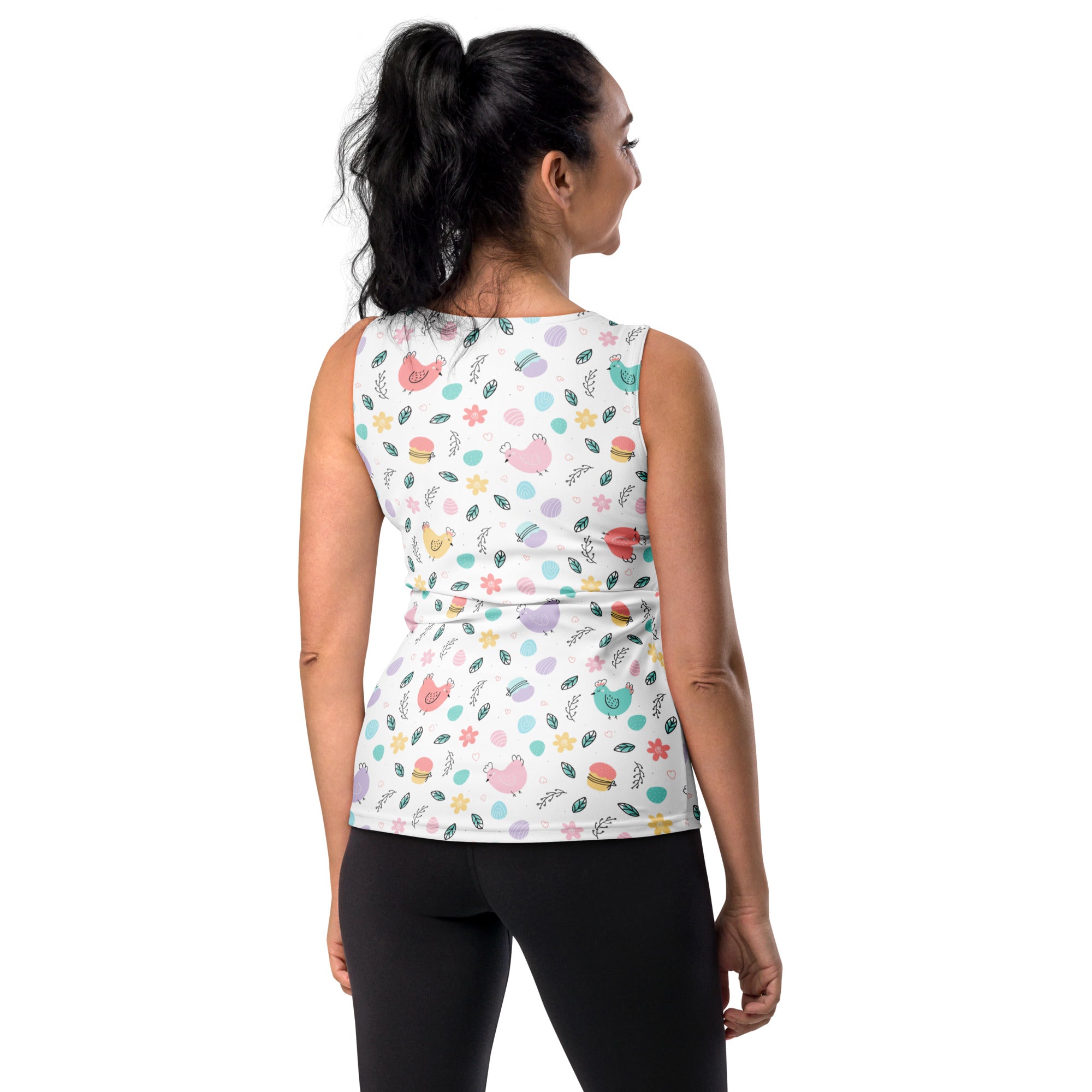 White sleeveless tank top with pastel bird macaron flower print quick drying buttery soft fabric upf 50+