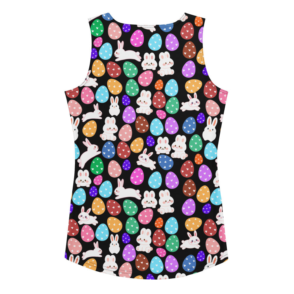 Black sleeveless women’s tank top with colorful Easter eggs and white bunnies quick drying buttery soft fabric upf 50+