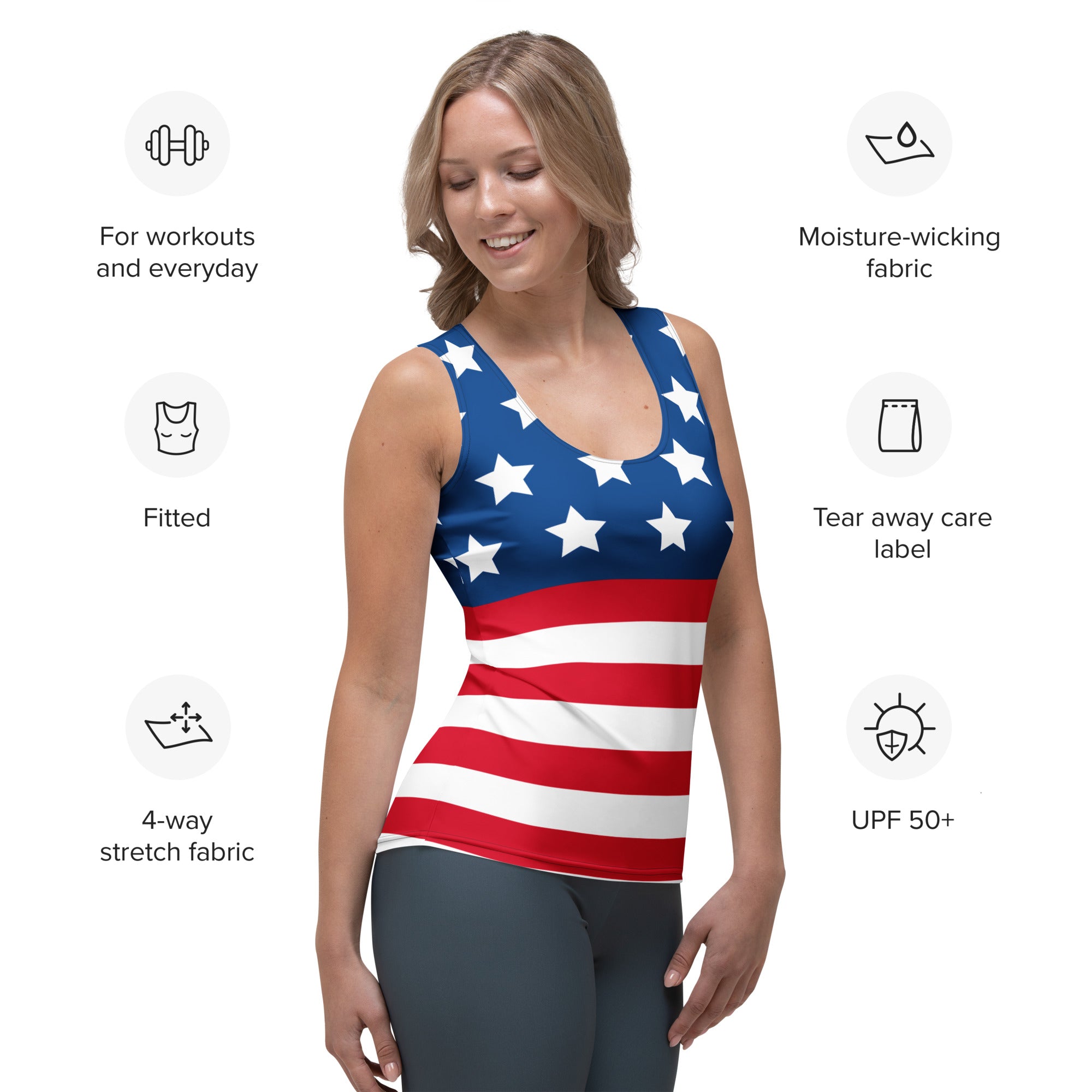 Women’s fitted sleeveless american flag tank top with white stars red and white stripes quick drying buttery soft fabric upf 50+