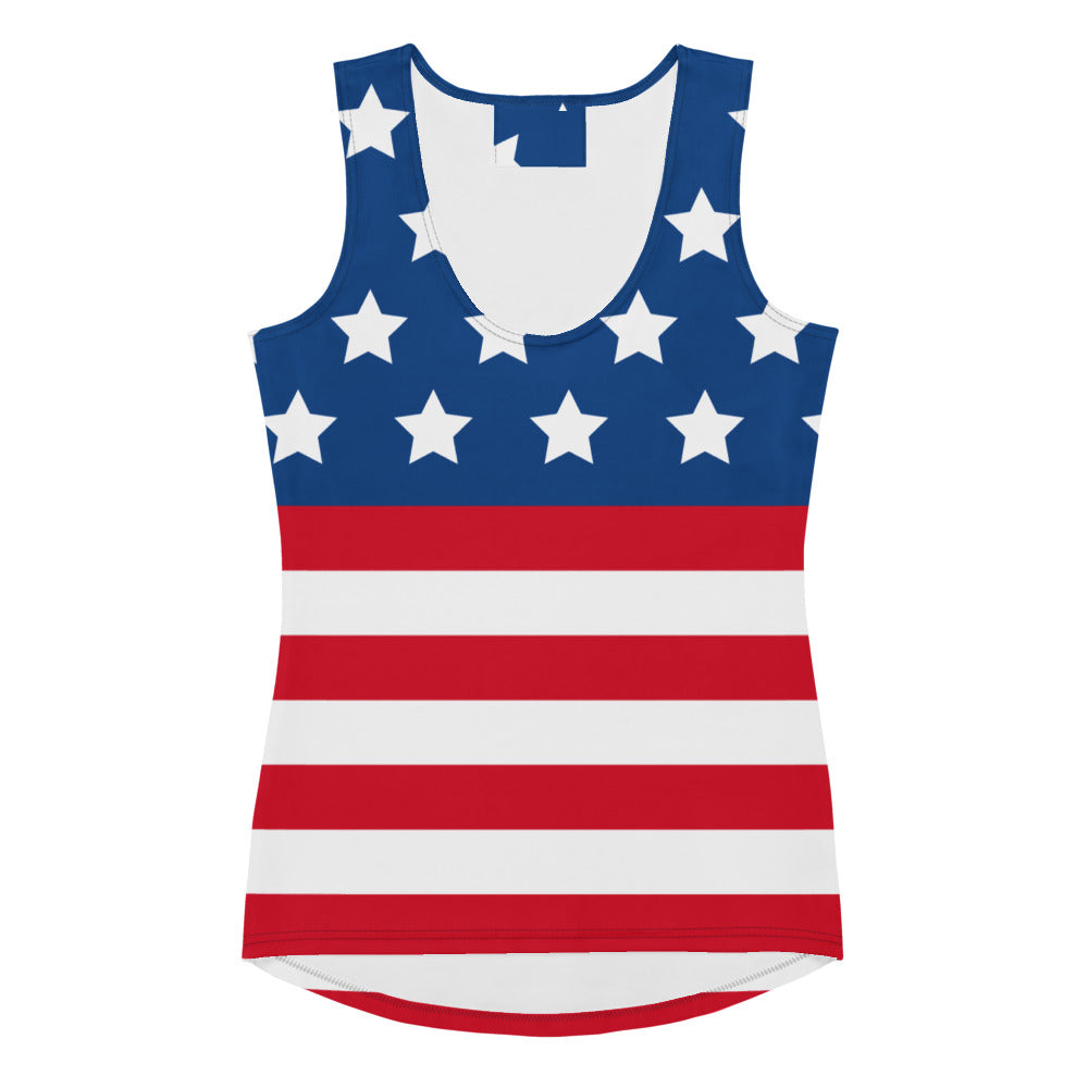 Women’s sleeveless tank top with full-body american flag print in red white and blue quick drying buttery soft fabric with upf 50+