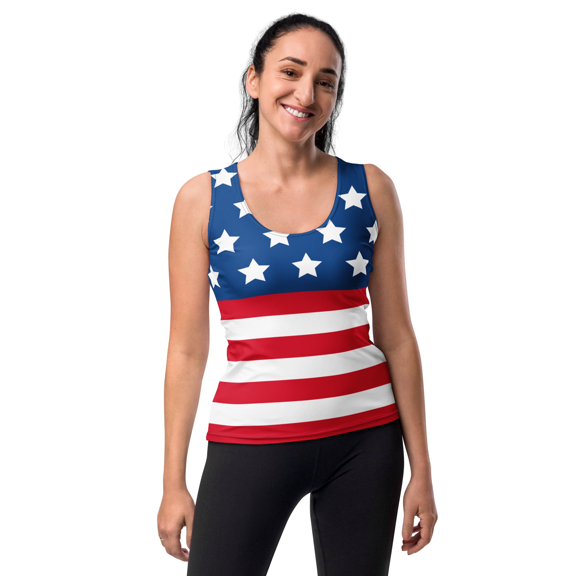 Women’s american flag tank top with scoop neckline fitted silhouette red white stripes blue stars quick drying soft fabric upf 50+