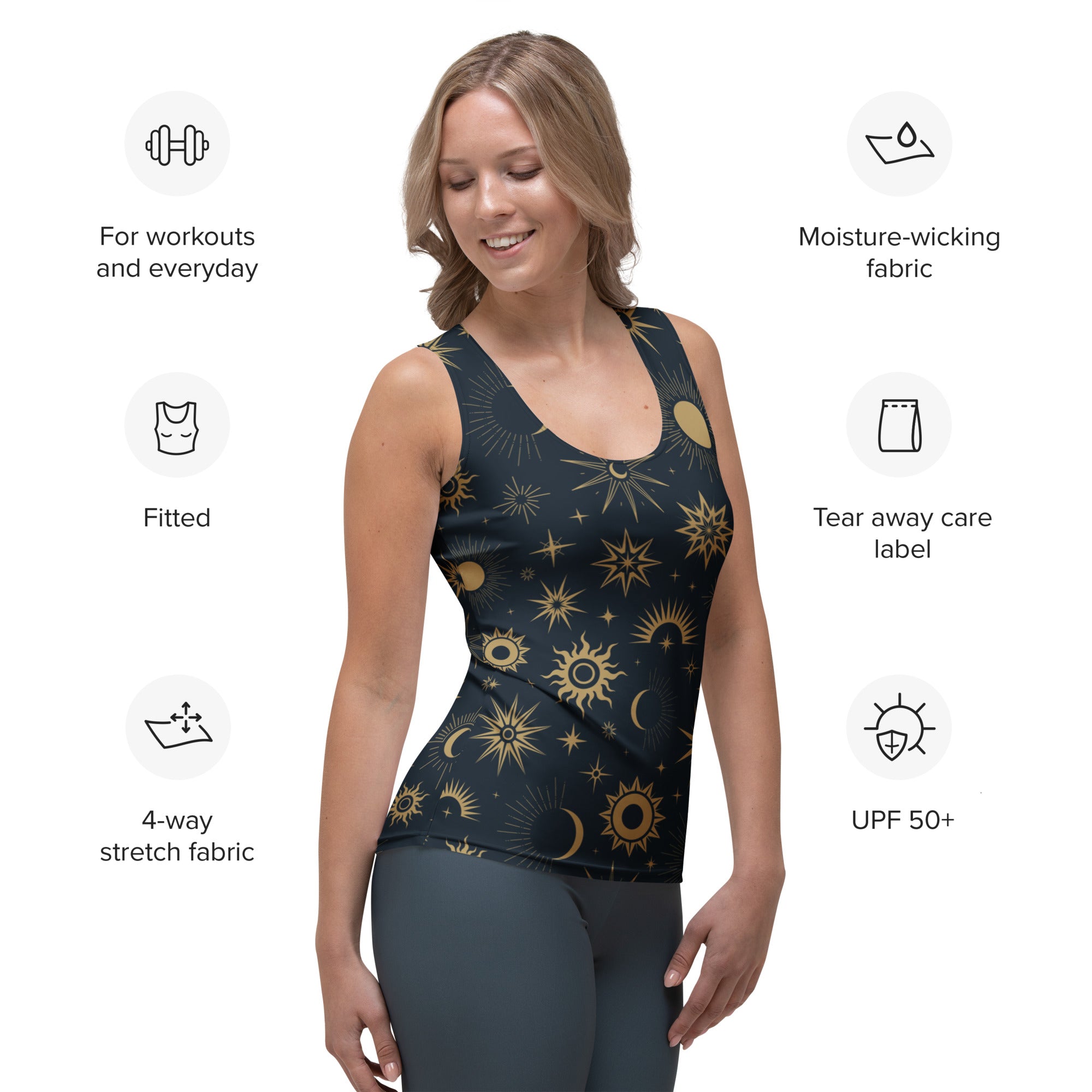 A dark navy women’s celestial sun and moon tank top with gold celestial patterns made of quick drying buttery soft fabric with UPF 50+
