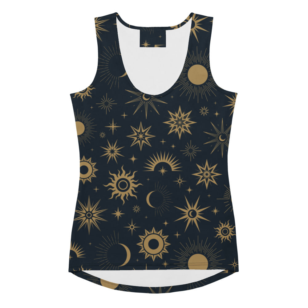 A navy blue sleeveless tank top with celestial gold sun moon and star pattern made of buttery soft quick drying fabric