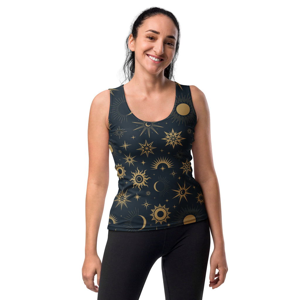 Women’s dark blue tank top with gold sun moon and star patterns quick drying buttery soft fabric upf 50+