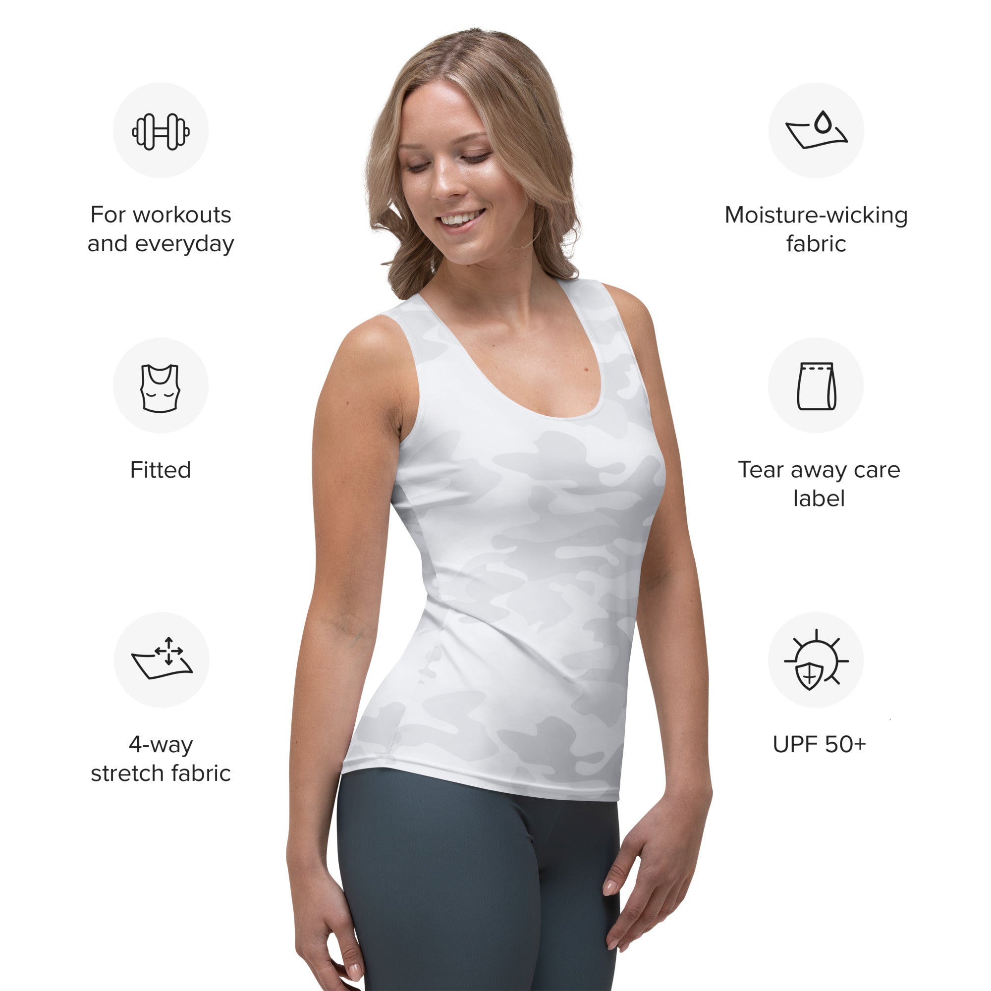 Women’s white camouflage tank top made of quick drying, buttery soft, moisture-wicking 4 way stretch fabric with upf 50+