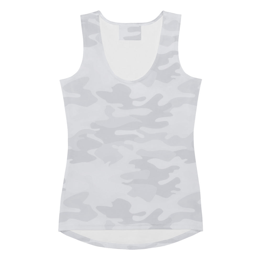 A white and gray camouflage sleeveless tank top with scoop neckline made of quick drying buttery soft fabric with UPF 50+
