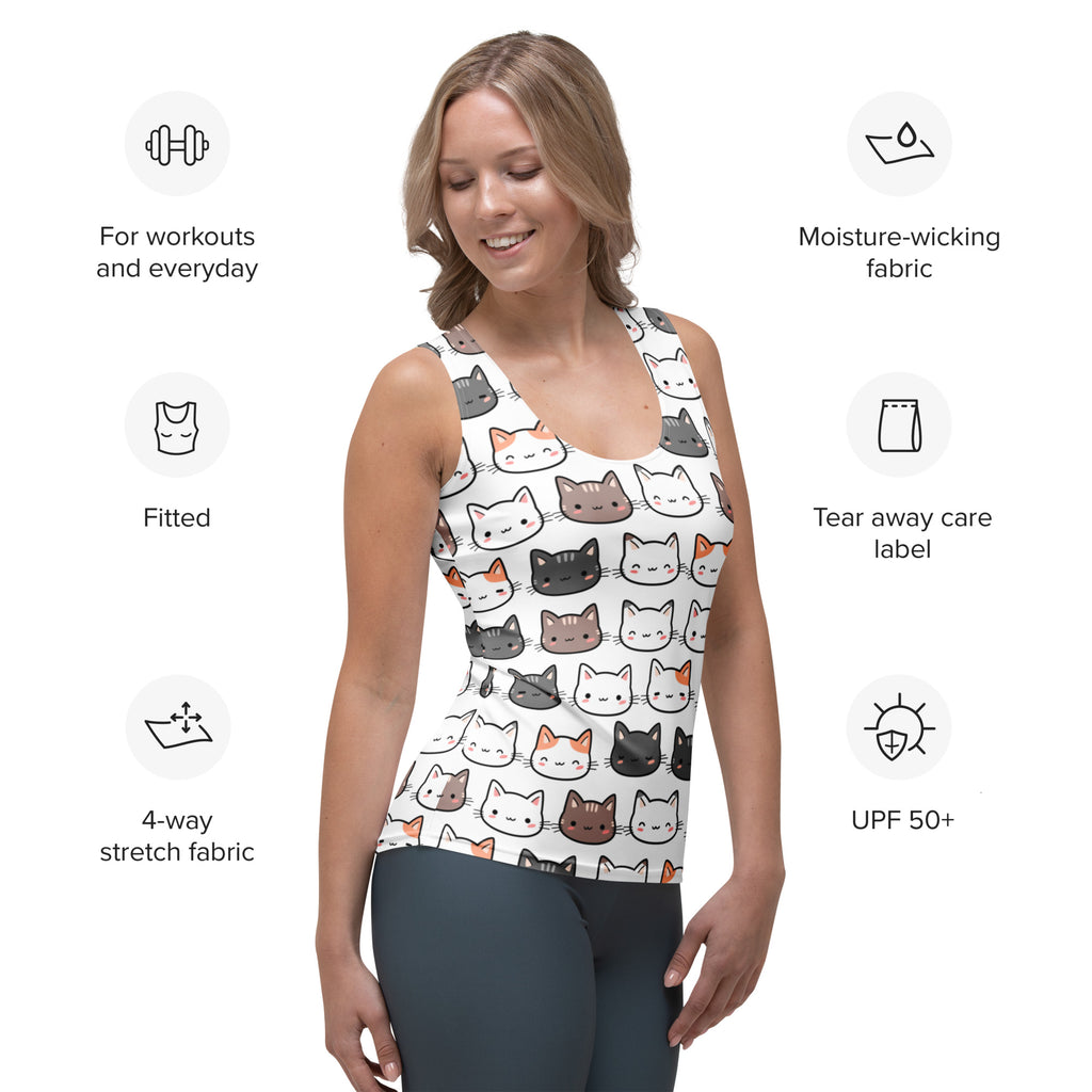 White women’s tank top with playful multicolor cartoon cats made of buttery soft quick drying fabric with UPF 50+