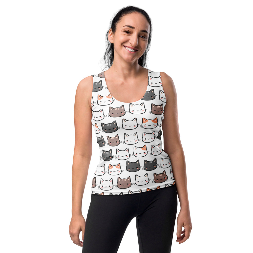 White women’s tank top with colorful cartoon cat faces quick drying buttery soft fabric upf 50 plus