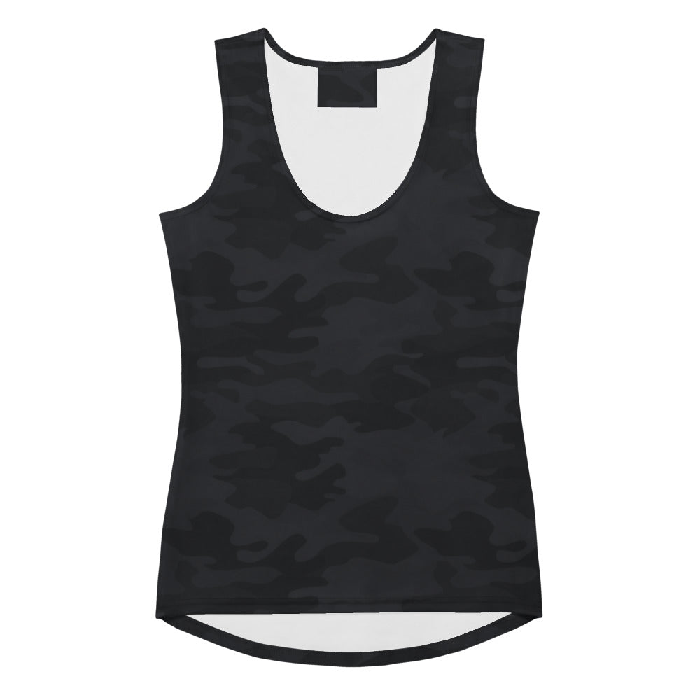 Women’s black camouflage tank top with scoop neckline curved hem quick drying buttery soft fabric upf 50+