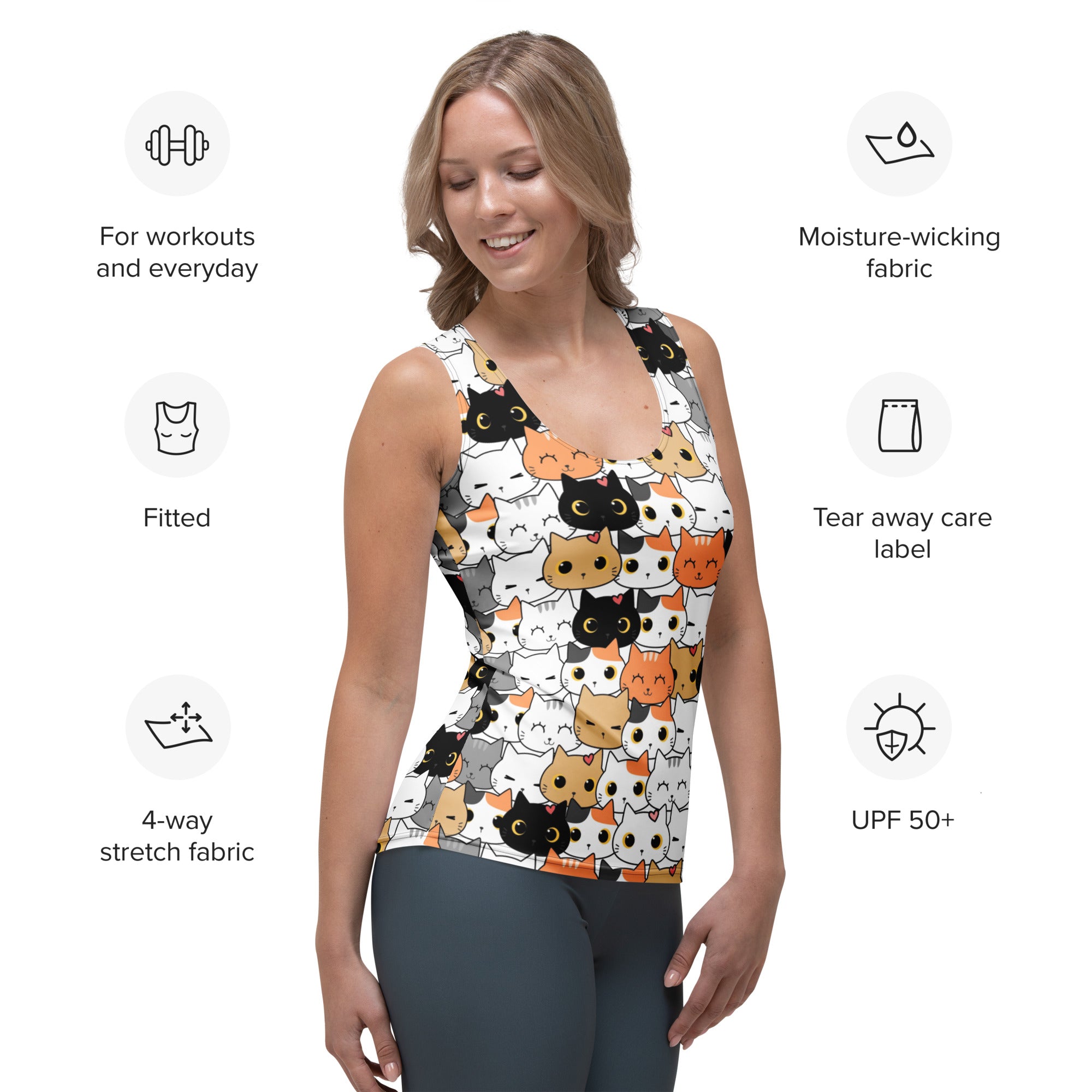 Women's Cat Face Tank Top - Quick Drying, Buttery Soft Fabric With UPF 50+