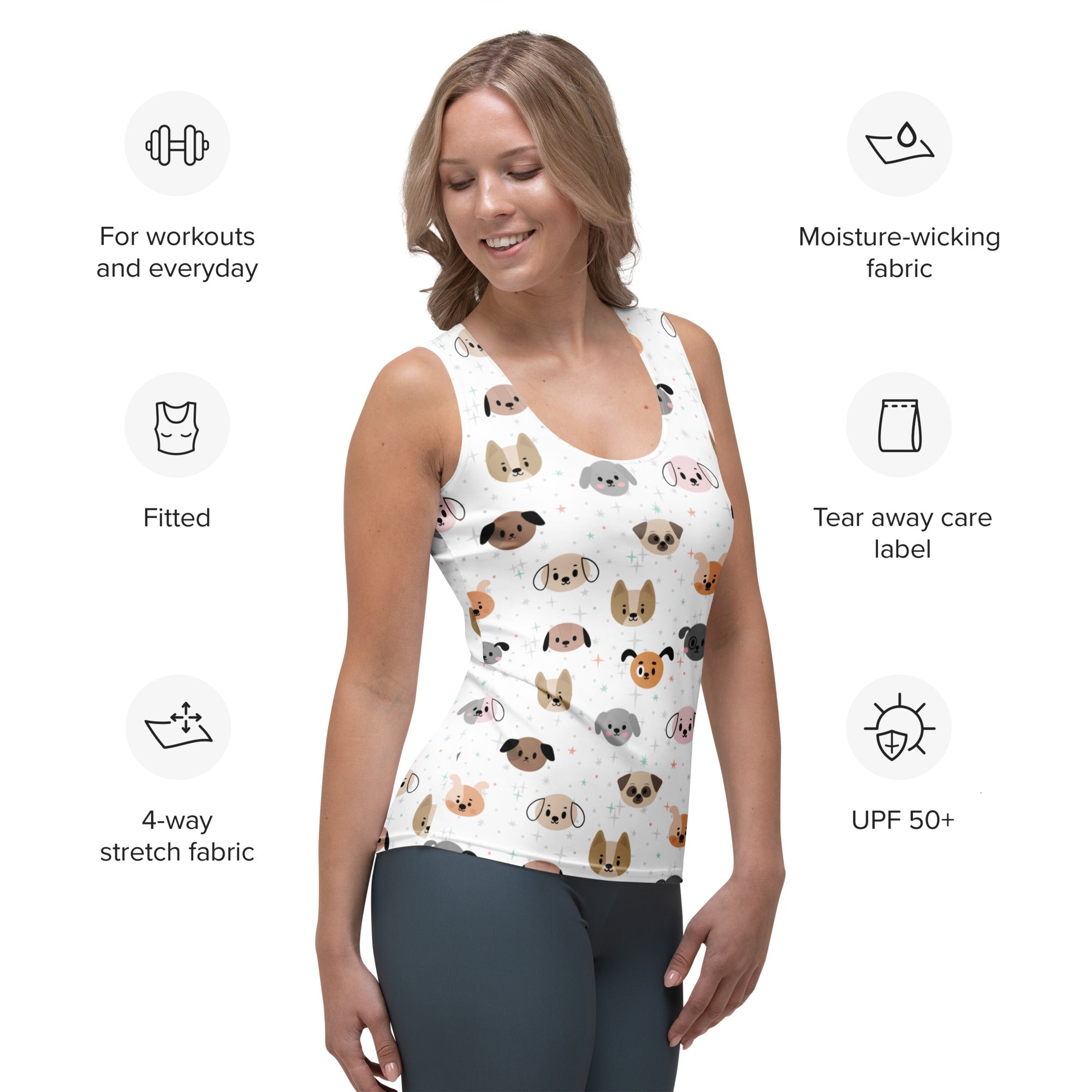 Women’s white tank top with colorful cartoon dog pattern quick drying buttery soft fabric upf 50+