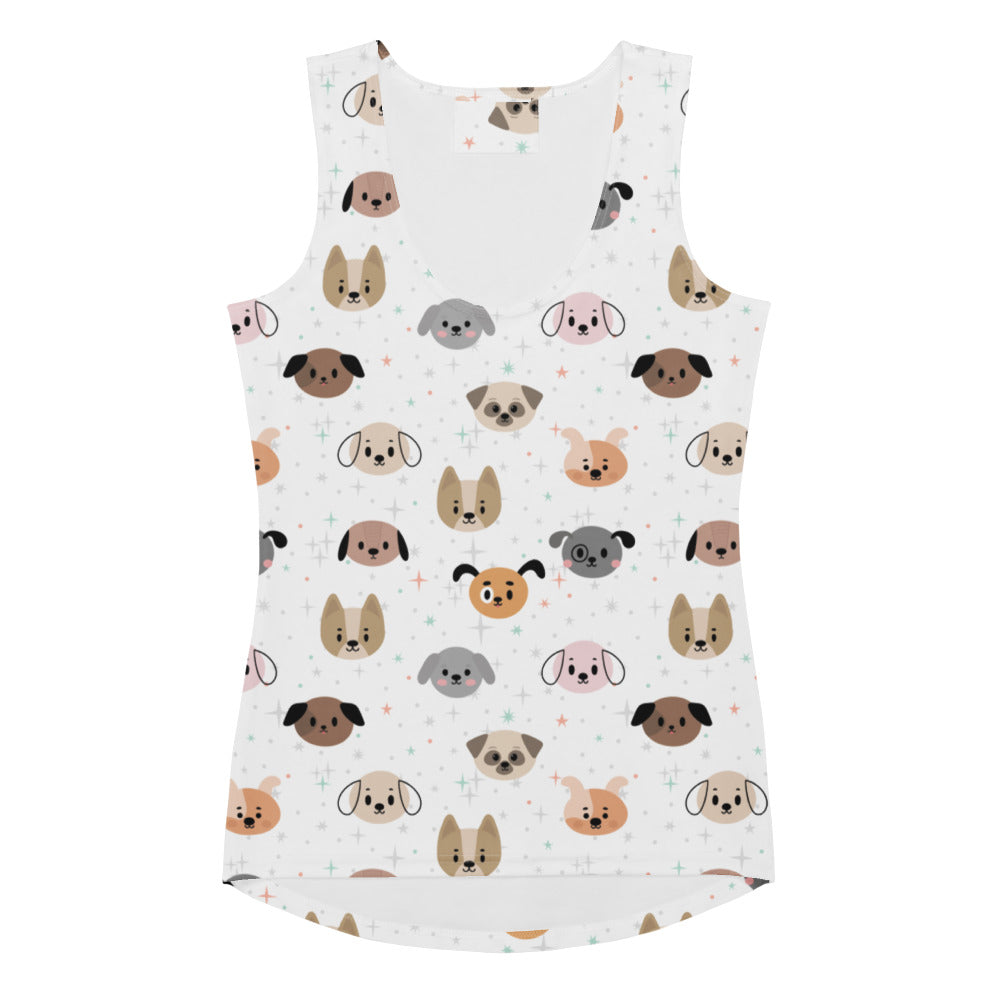 White women’s dog face tank top with quick drying buttery soft fabric and UPF 50 plus featuring colorful cartoon dogs