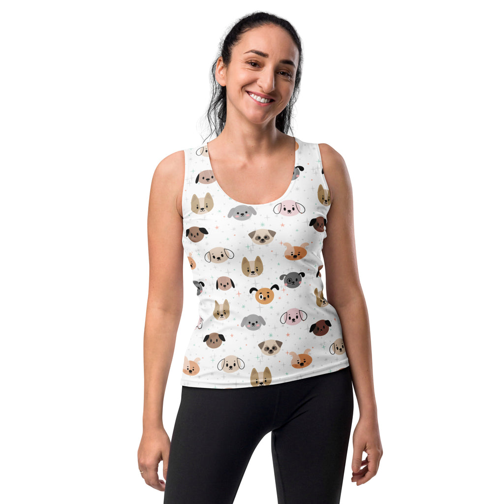 Women’s white tank top with colorful cartoon dog faces quick drying buttery soft fabric upf 50 plus protection