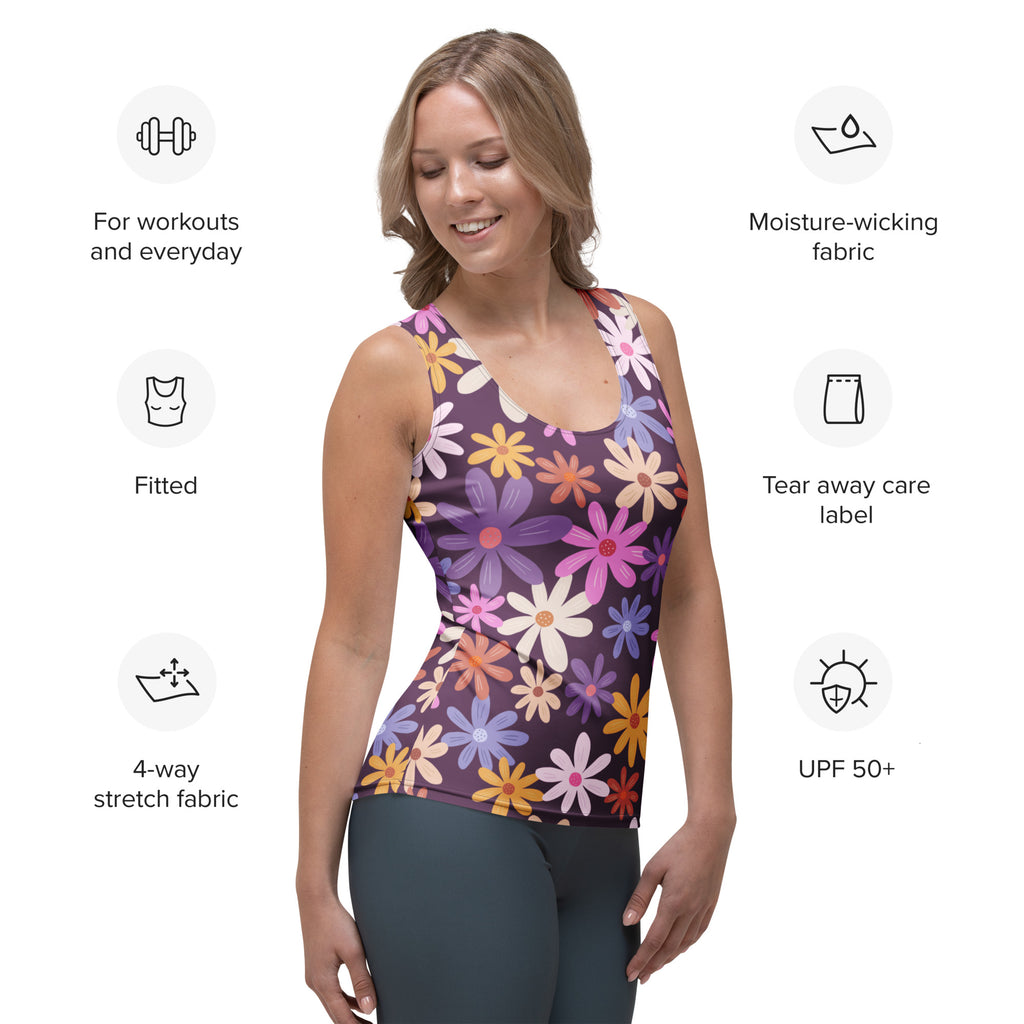 A vibrant purple floral fitted tank top with moisture-wicking 4-way stretch fabric and UPF 50 plus protection
