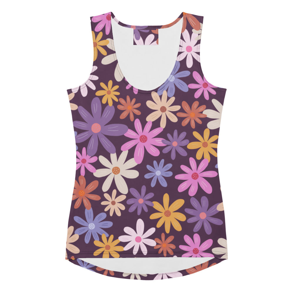 A vibrant retro purple floral tank top with scoop neckline made of quick drying buttery soft fabric with UPF 50+