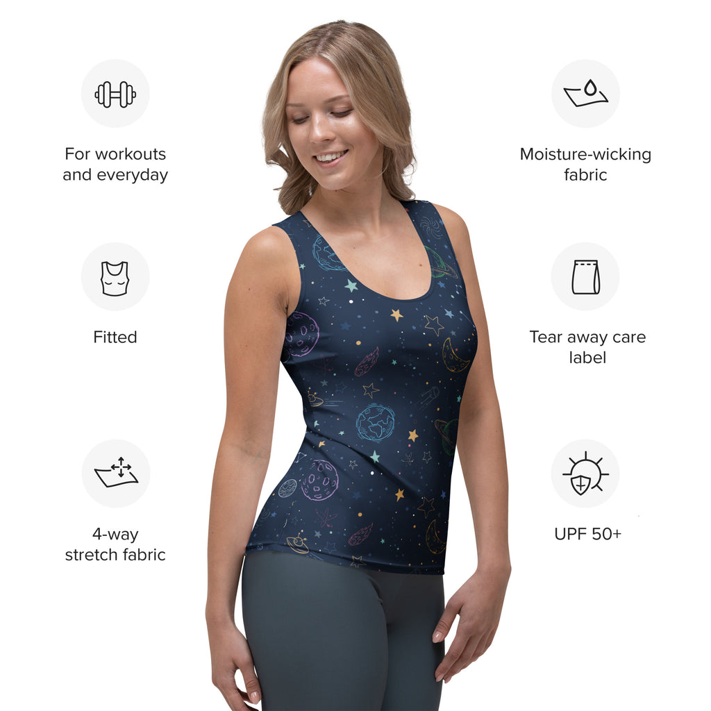 A navy blue women’s tank top with a cosmic gold and white design made of quick drying buttery soft fabric with UPF 50+