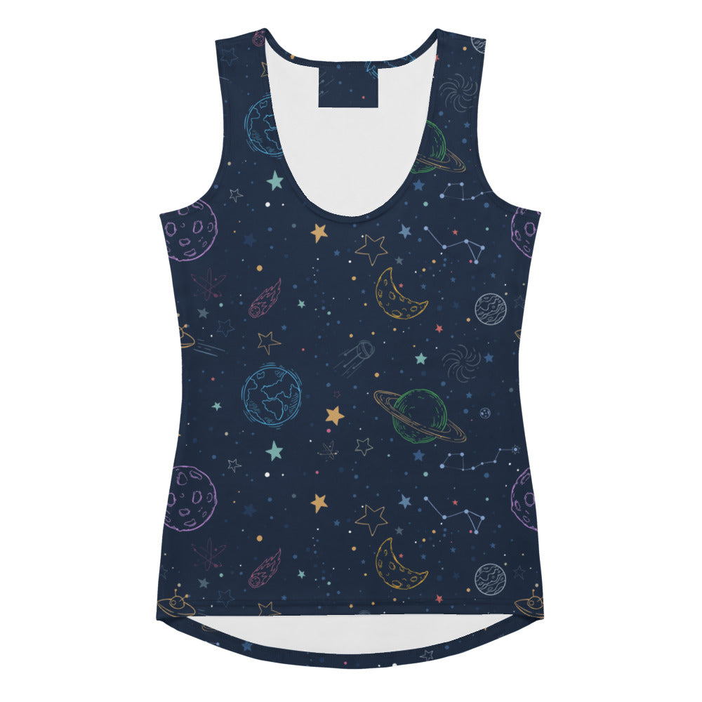 A navy blue women’s outer space galaxy tank top with cosmic pastel design made of quick drying buttery soft fabric with UPF 50+