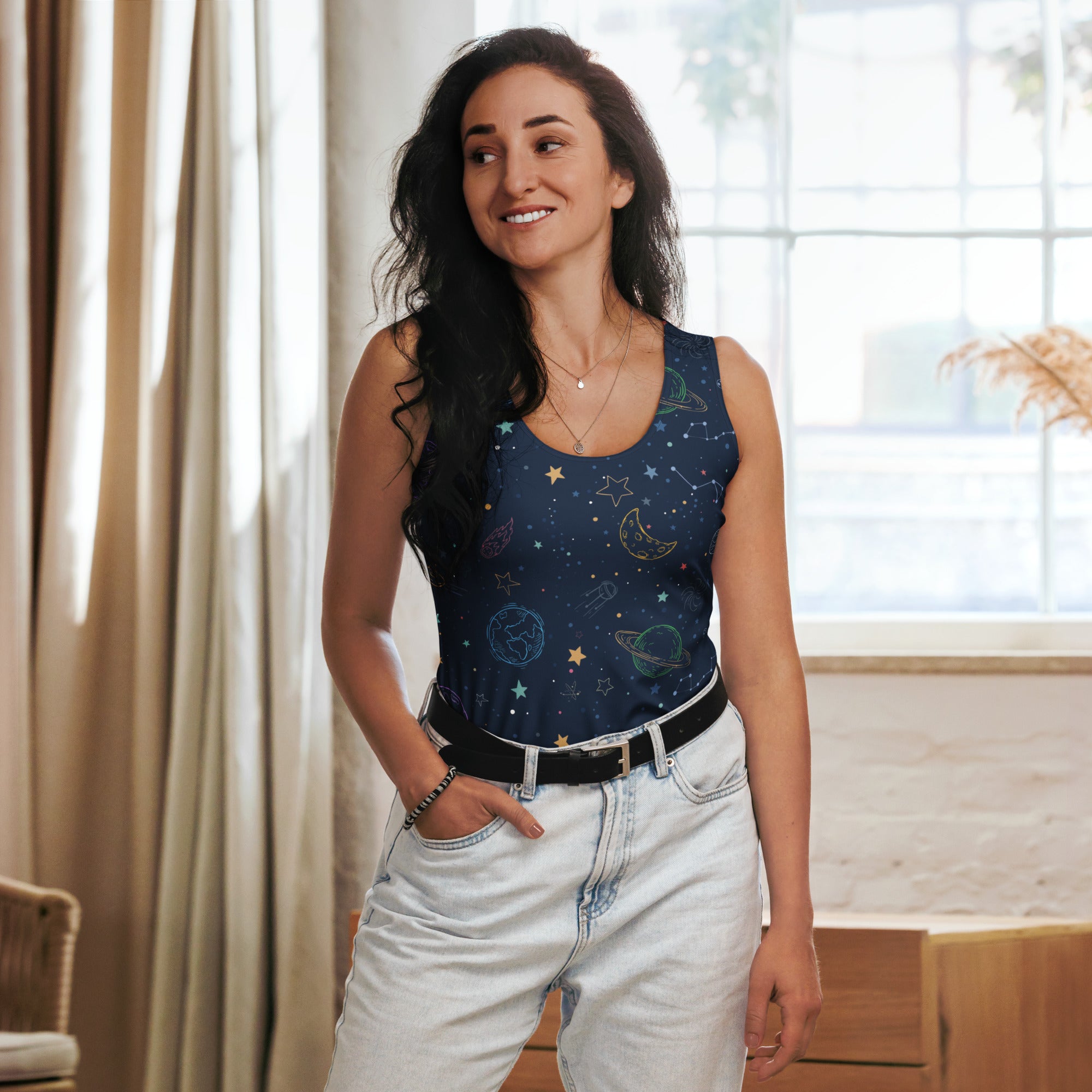 Women’s dark blue outer space galaxy tank top with celestial print quick drying buttery soft fabric upf 50+