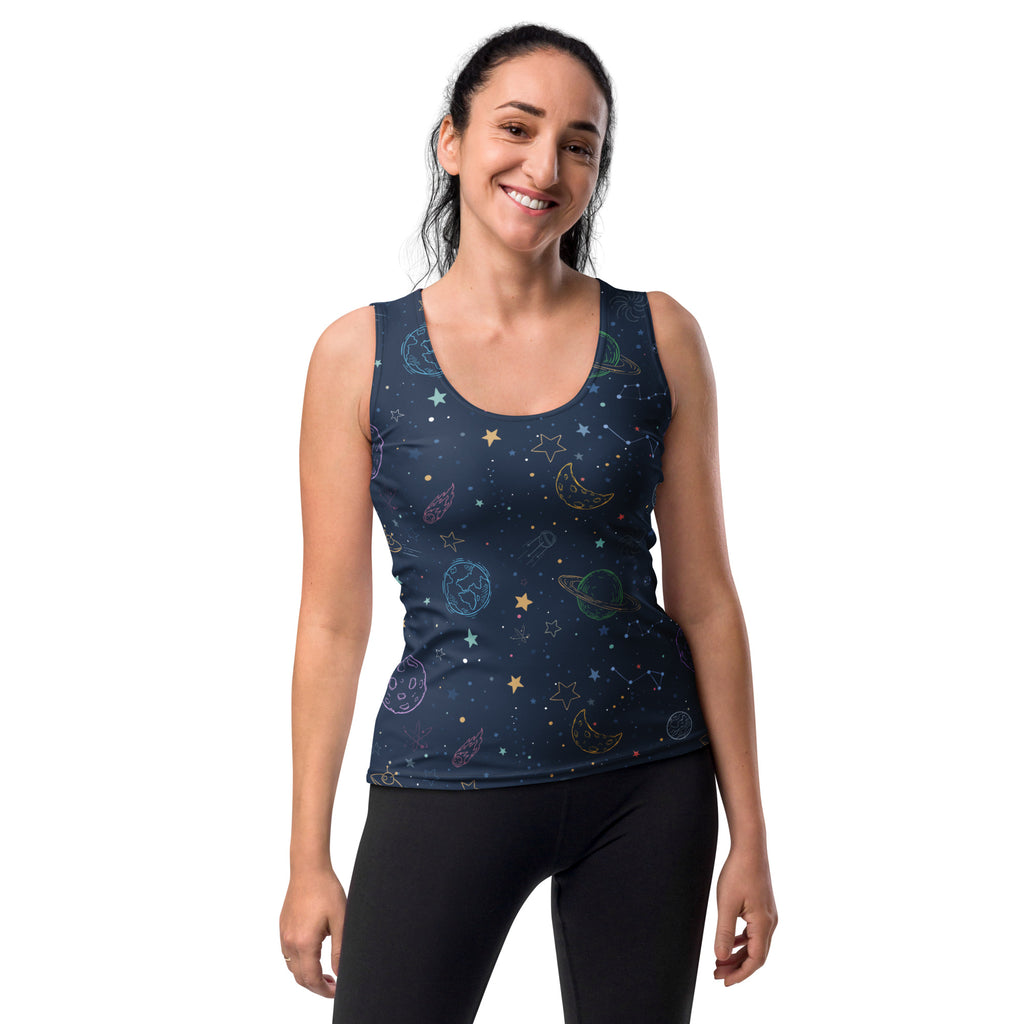 A navy blue women’s outer space galaxy tank top with cosmic print quick drying buttery soft fabric upf 50+