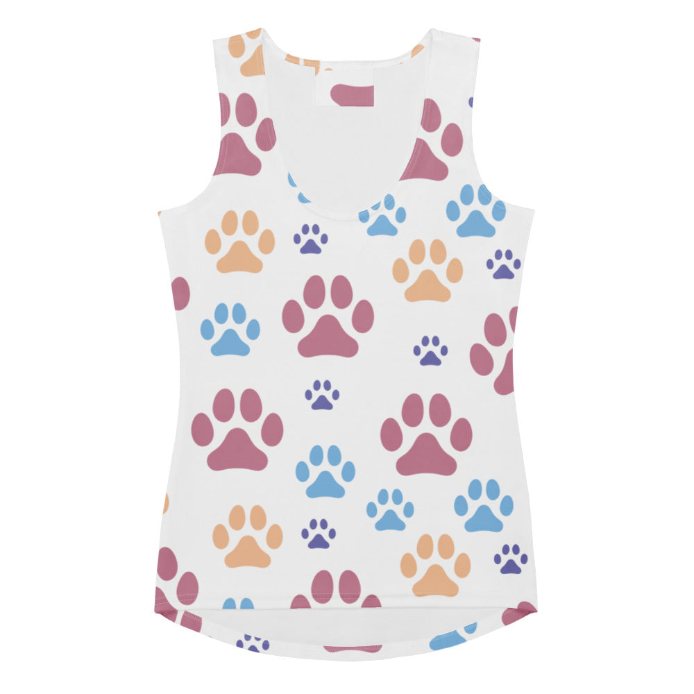 White sleeveless tank top with colorful pink blue and tan paw prints made of quick drying buttery soft fabric with upf 50+