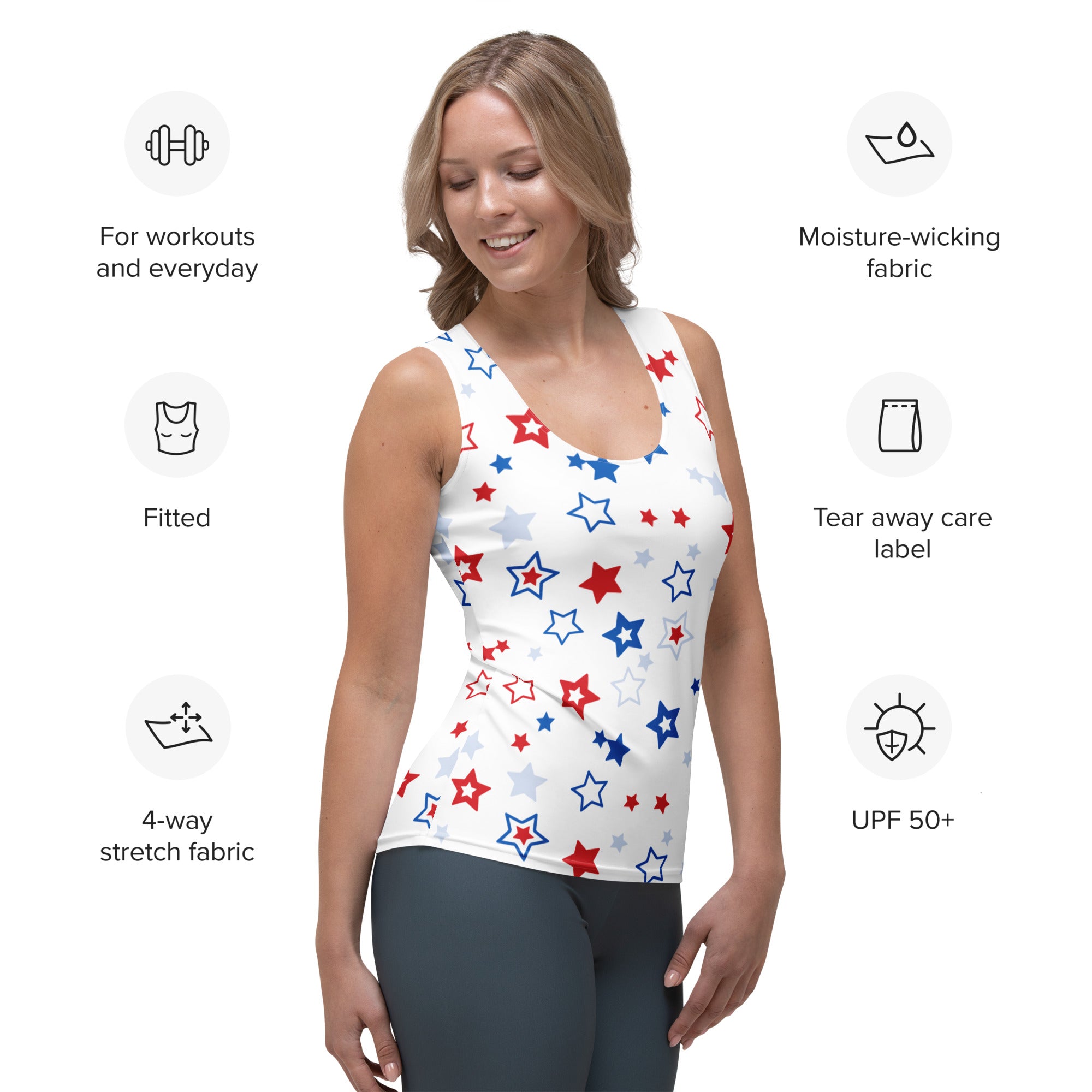 White tank top with playful red blue and silver stars quick drying buttery soft fabric with upf 50+