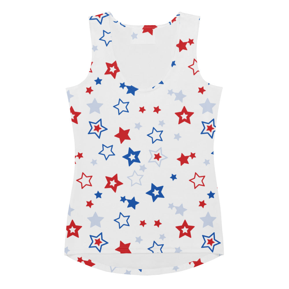 White sleeveless tank top with red blue and gray stars quick drying buttery soft fabric with upf 50 plus