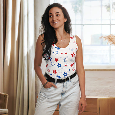 White tank top with red blue and silver stars made from quick drying buttery soft fabric with upf 50 plus