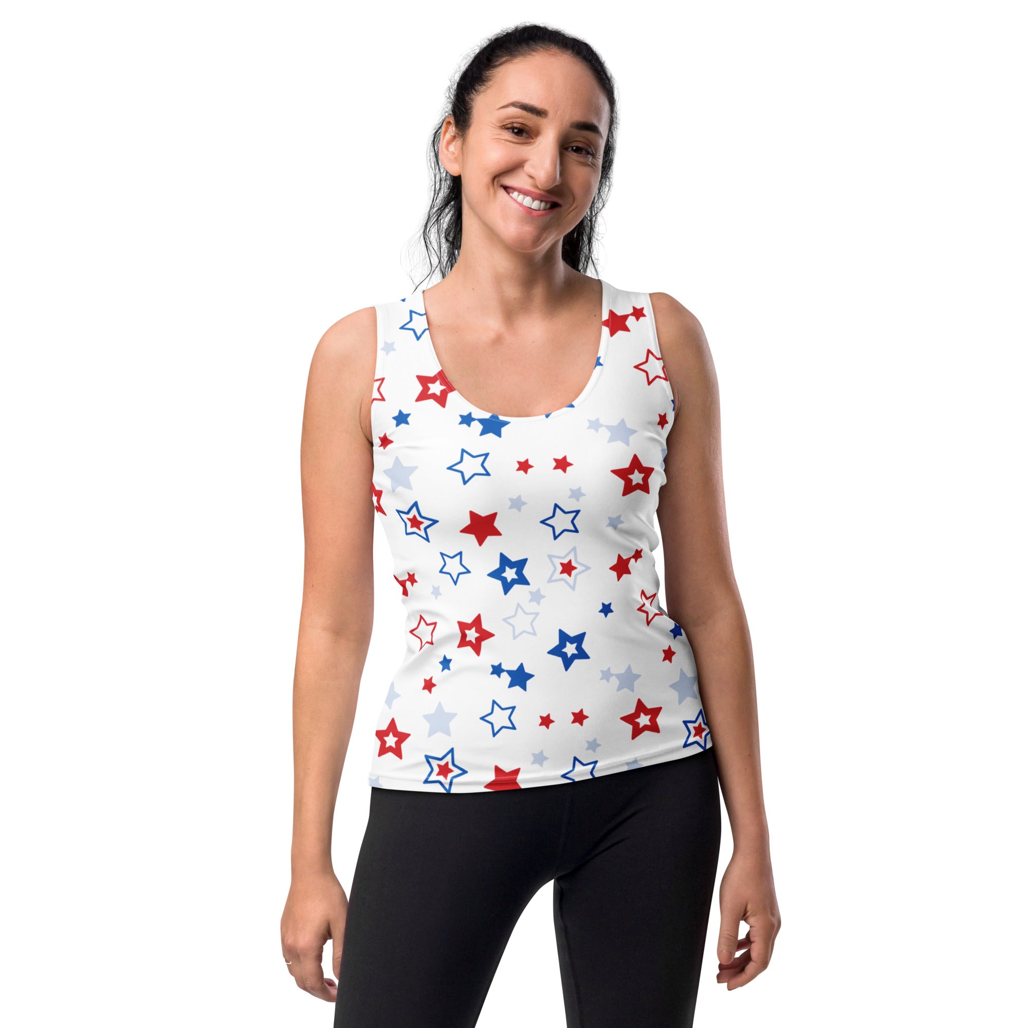 White tank top with red blue and light gray stars made of quick drying buttery soft fabric with upf 50+ protection
