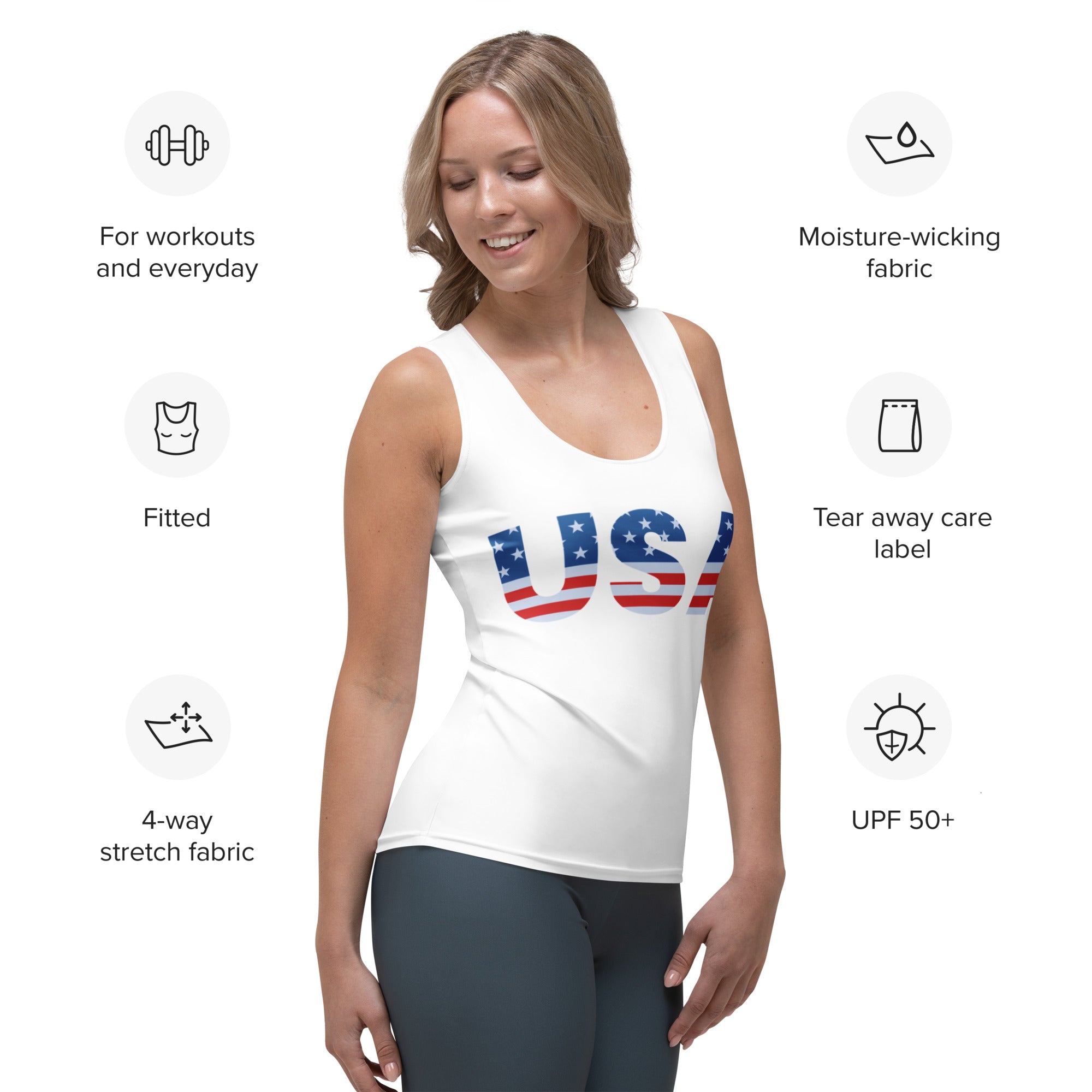 White fitted women’s usa tank top with red white and blue flag print quick drying buttery soft fabric upf 50+