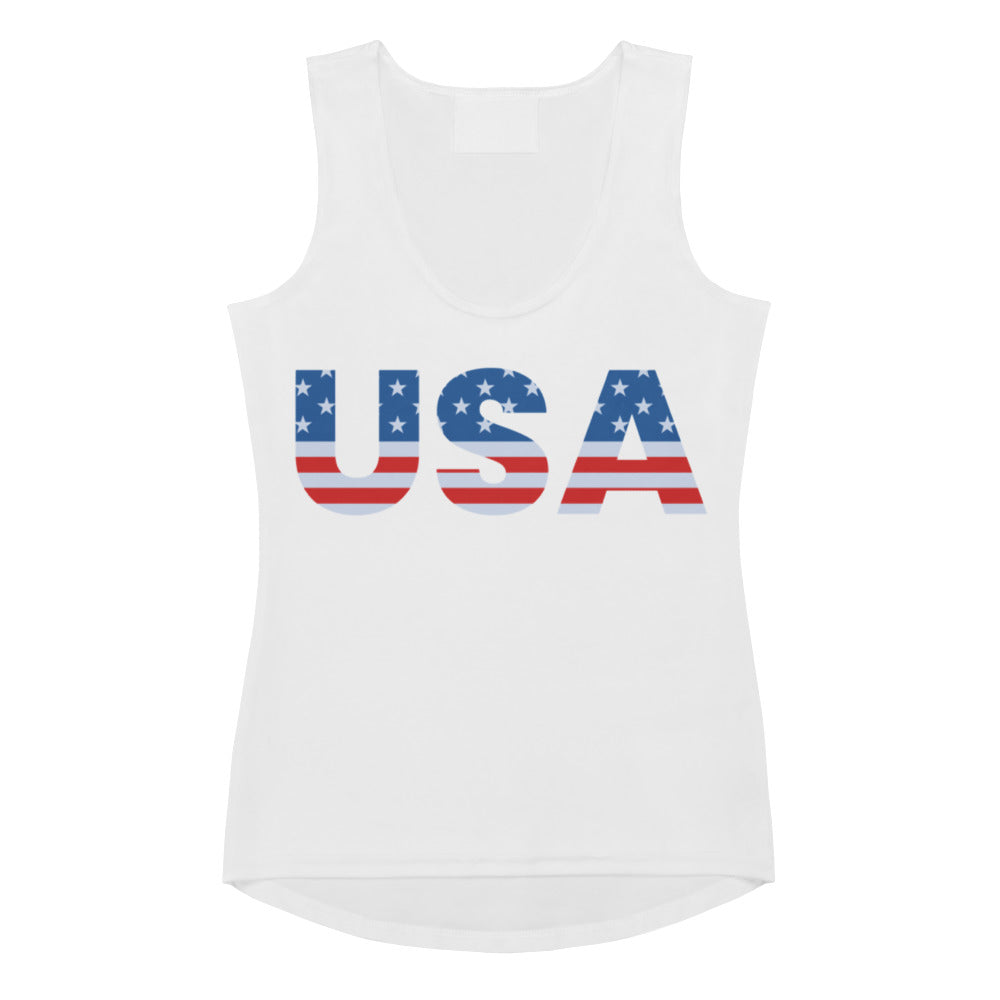 White sleeveless women’s usa tank top with bold american flag print made of quick drying buttery soft fabric with upf 50+