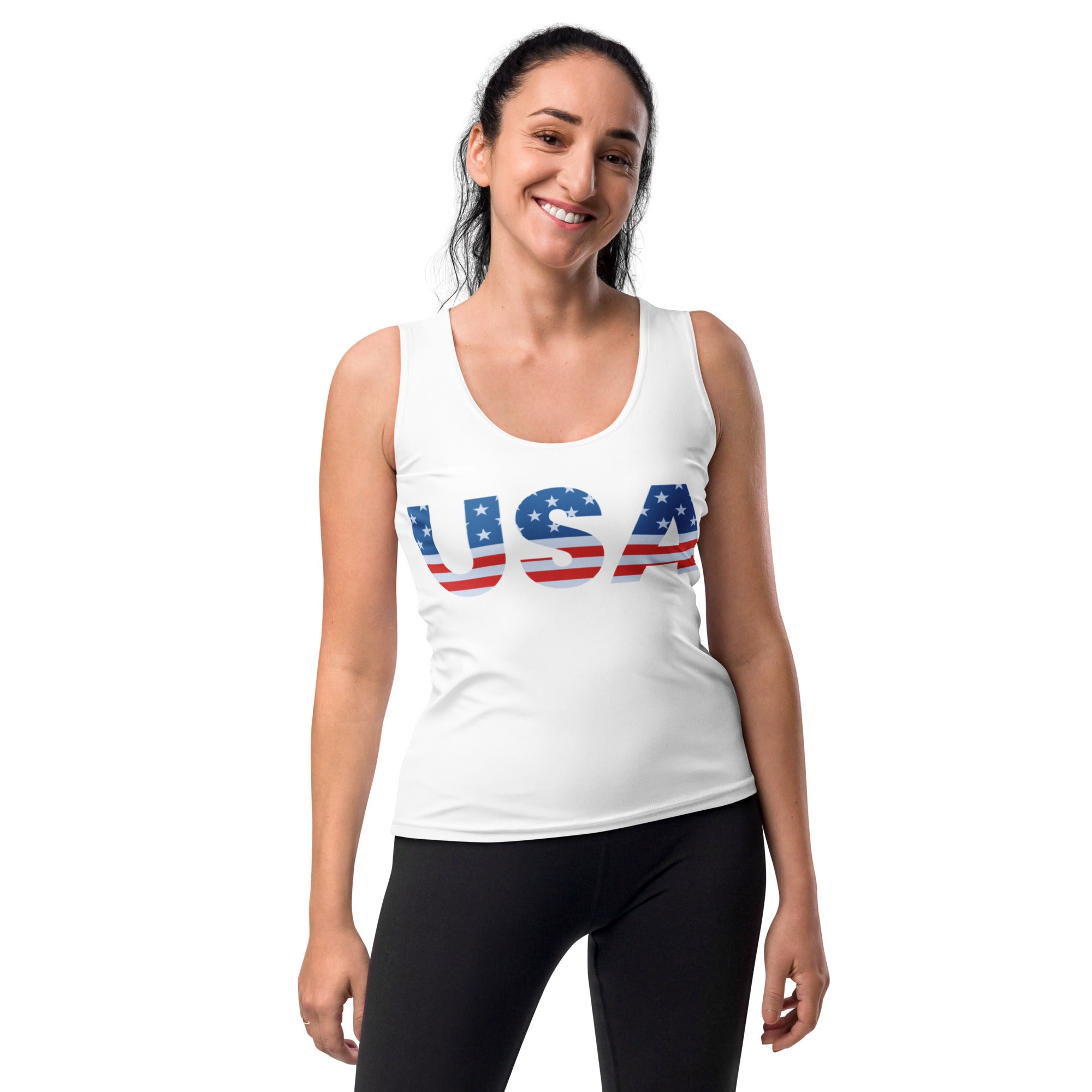 White women’s usa tank top with quick drying buttery soft fabric and upf 50 plus featuring american flag design