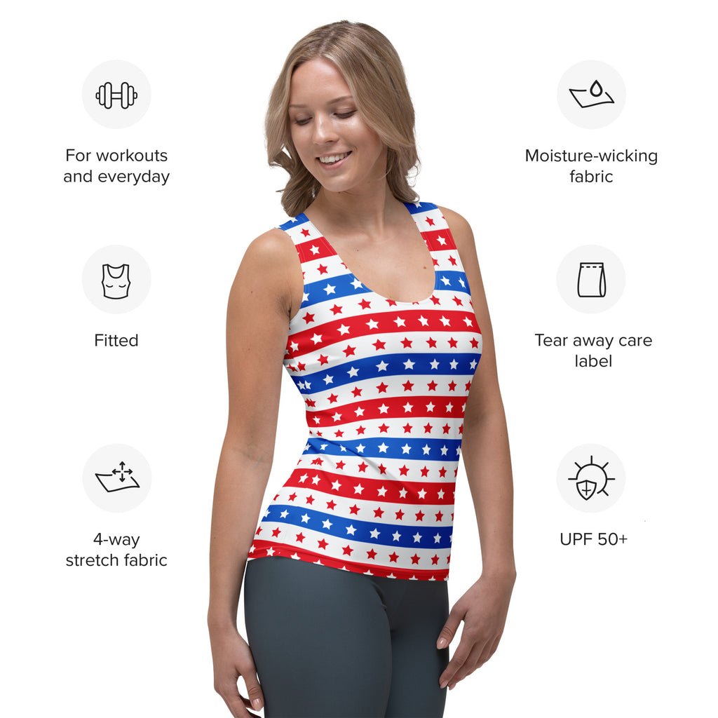 Women’s red white and blue star-striped tank top made of quick drying buttery soft moisture-wicking fabric with upf 50+