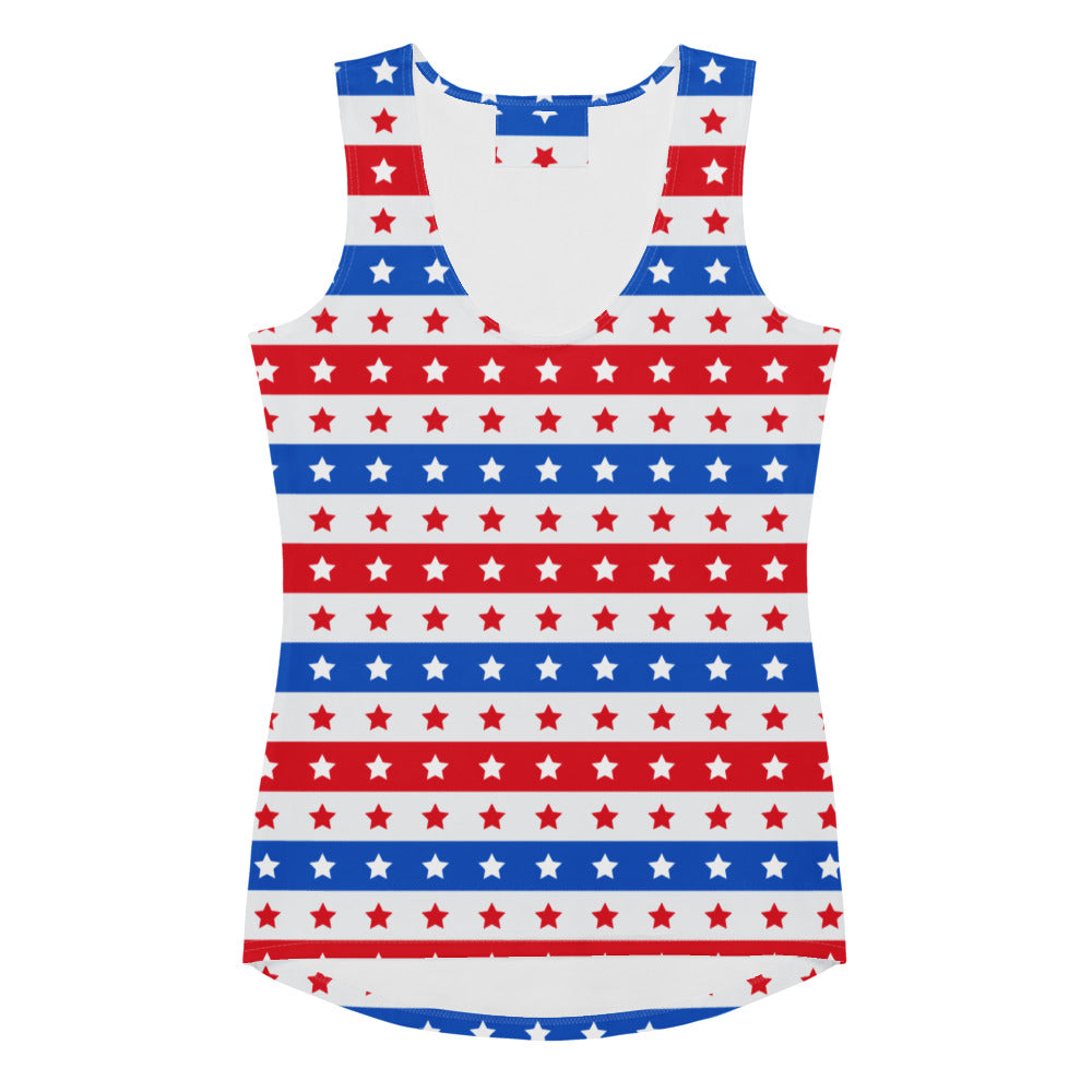 Women’s striped red white and blue stars tank top with bold star and stripe pattern in quick drying buttery soft fabric