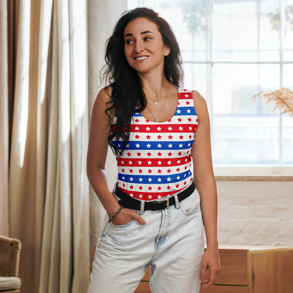Women’s sleeveless tank top with red white and blue star and stripe pattern quick drying buttery soft fabric upf 50+