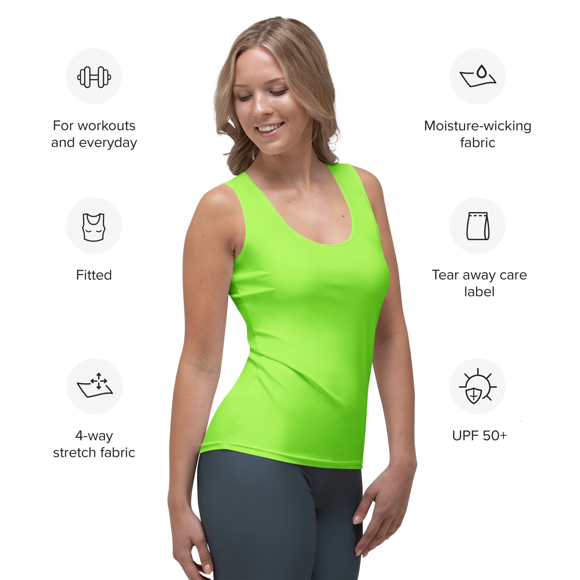Bright neon green womens fitted tank top made of moisture-wicking 4-way stretch fabric with UPF 50+ protection