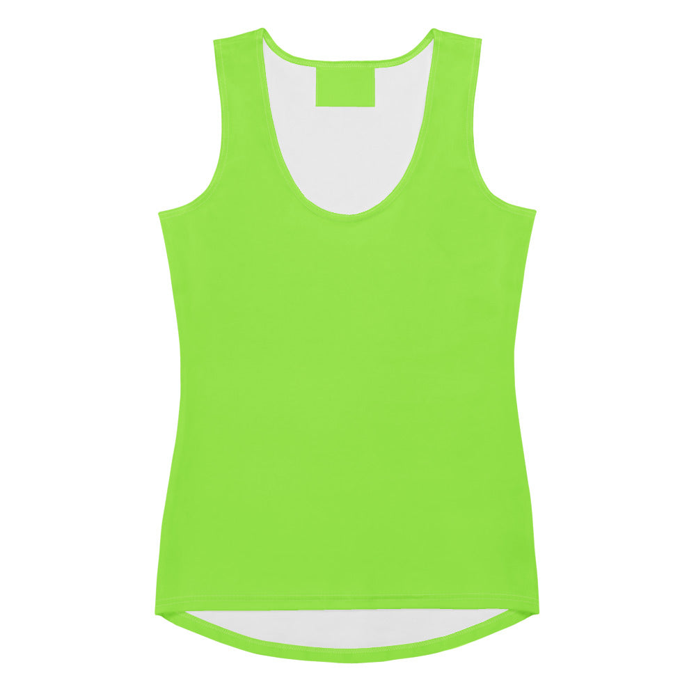 A vibrant lime green sleeveless tank top with white inner lining and curved hem made of quick-drying buttery soft fabric