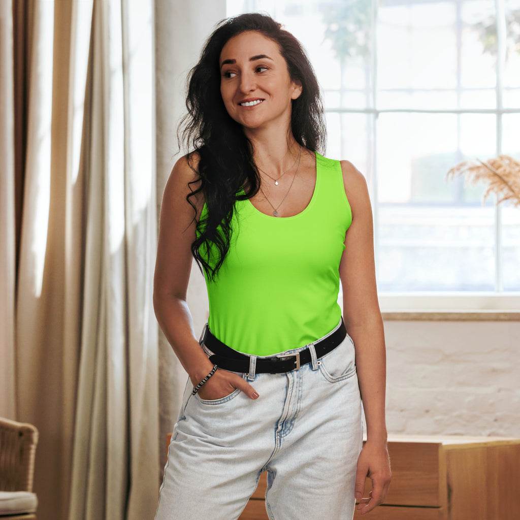 Women’s lime green sleeveless tank top with rounded neckline quick drying buttery soft fabric upf 50+