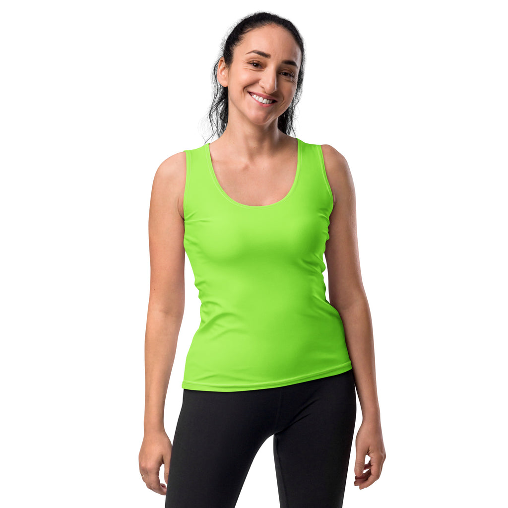 Bright neon green sleeveless tank top with scoop neckline made from quick drying buttery soft fabric with upf 50 plus