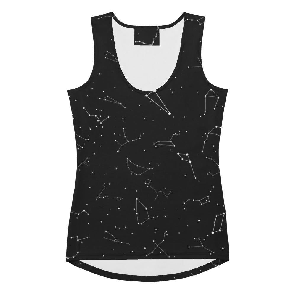 Black sleeveless tank top with white realistic constellation print made of quick drying buttery soft fabric with UPF 50+