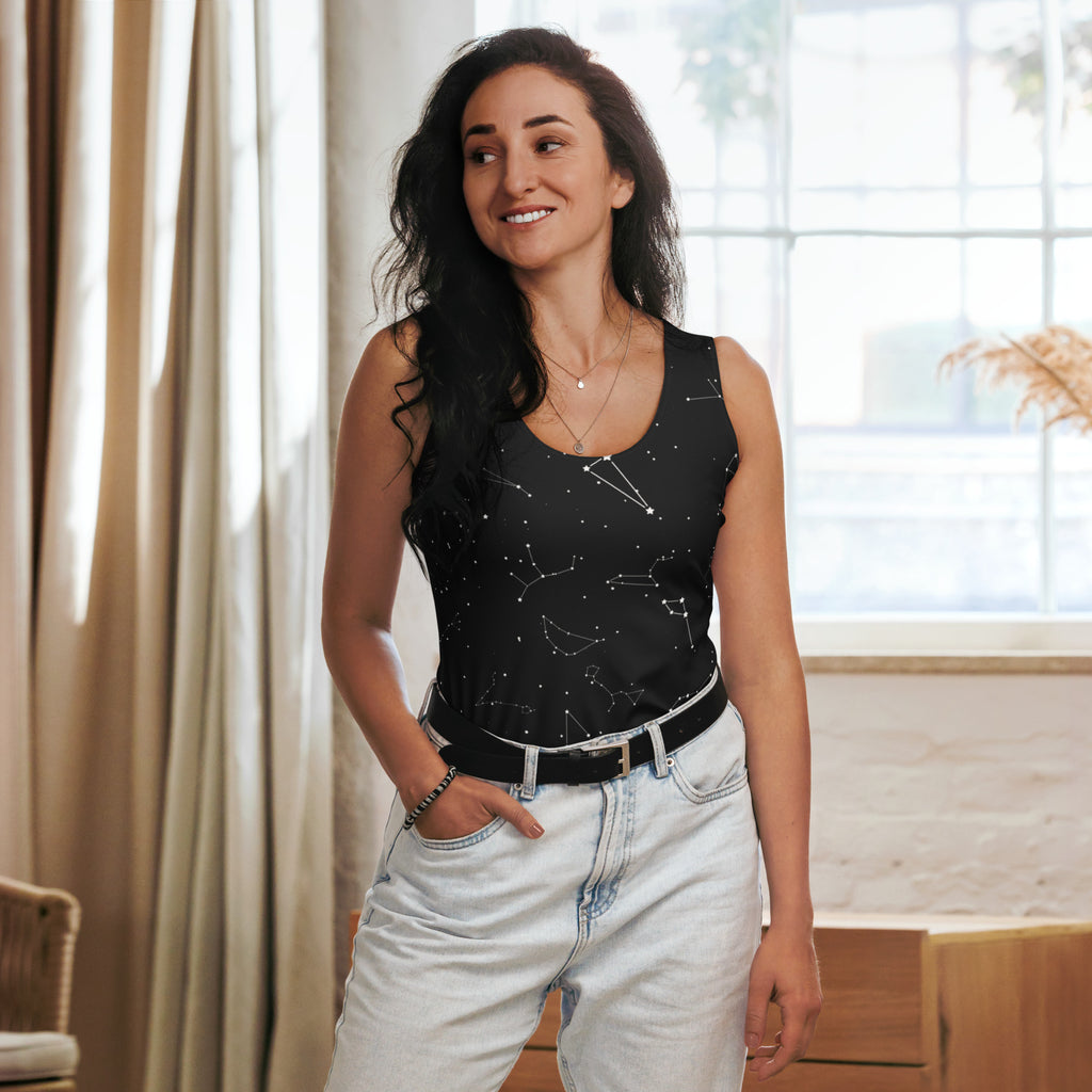Black sleeveless women’s tank top with realistic white constellation print quick drying buttery soft fabric upf 50+