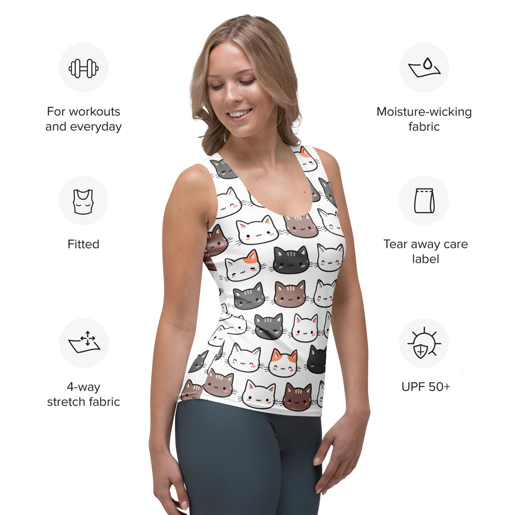 White women’s tank top with playful cartoon cat pattern made of quick drying buttery soft fabric with upf 50+