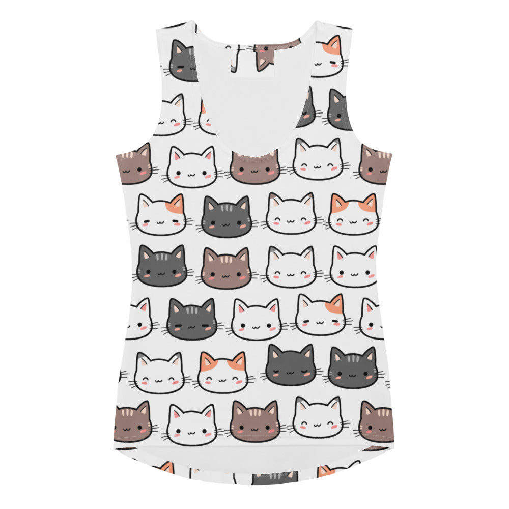 White women’s sleeveless cat tank top with colorful cartoon faces quick drying buttery soft fabric upf 50+