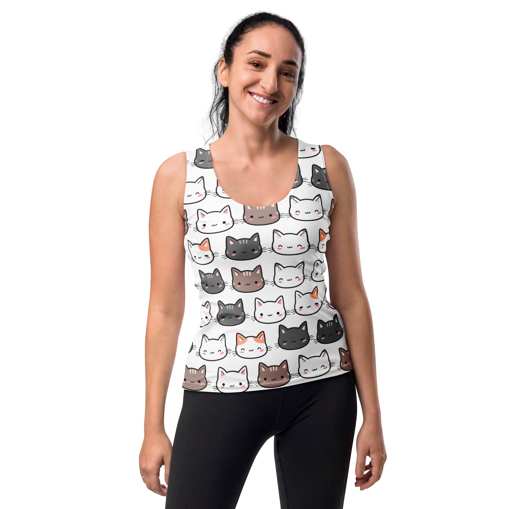 White women’s tank top with colorful cartoon cat pattern made of quick drying buttery soft fabric with upf 50+