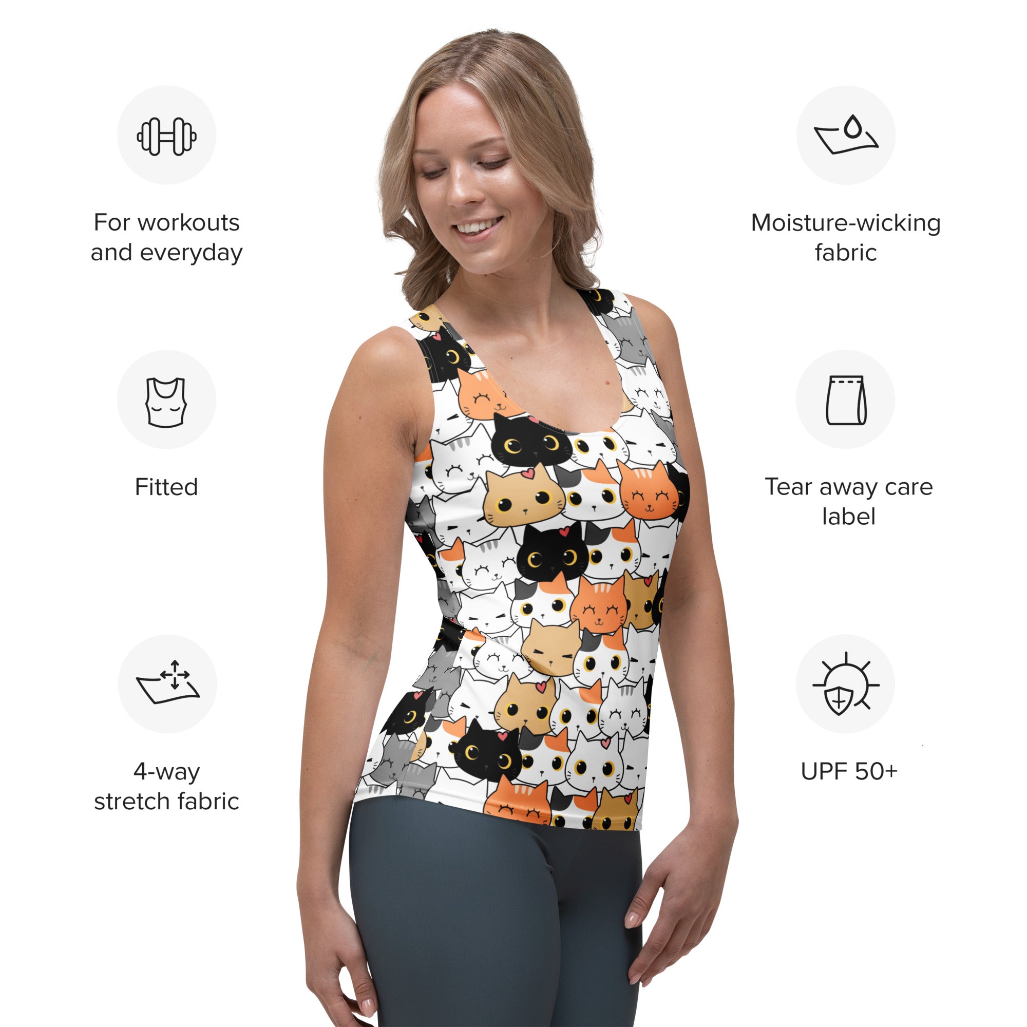Women's Cat Face Tank Top - Quick Drying, Buttery Soft Fabric With UPF 50+